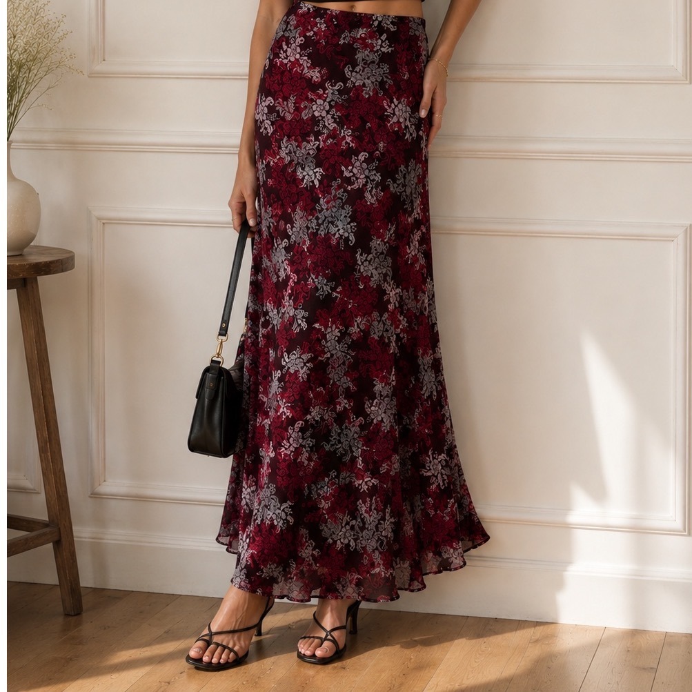 White Stag Floral Damask Maxi Skirt Bordeaux Pink Chiffon Lined Size L 12-14 Bb